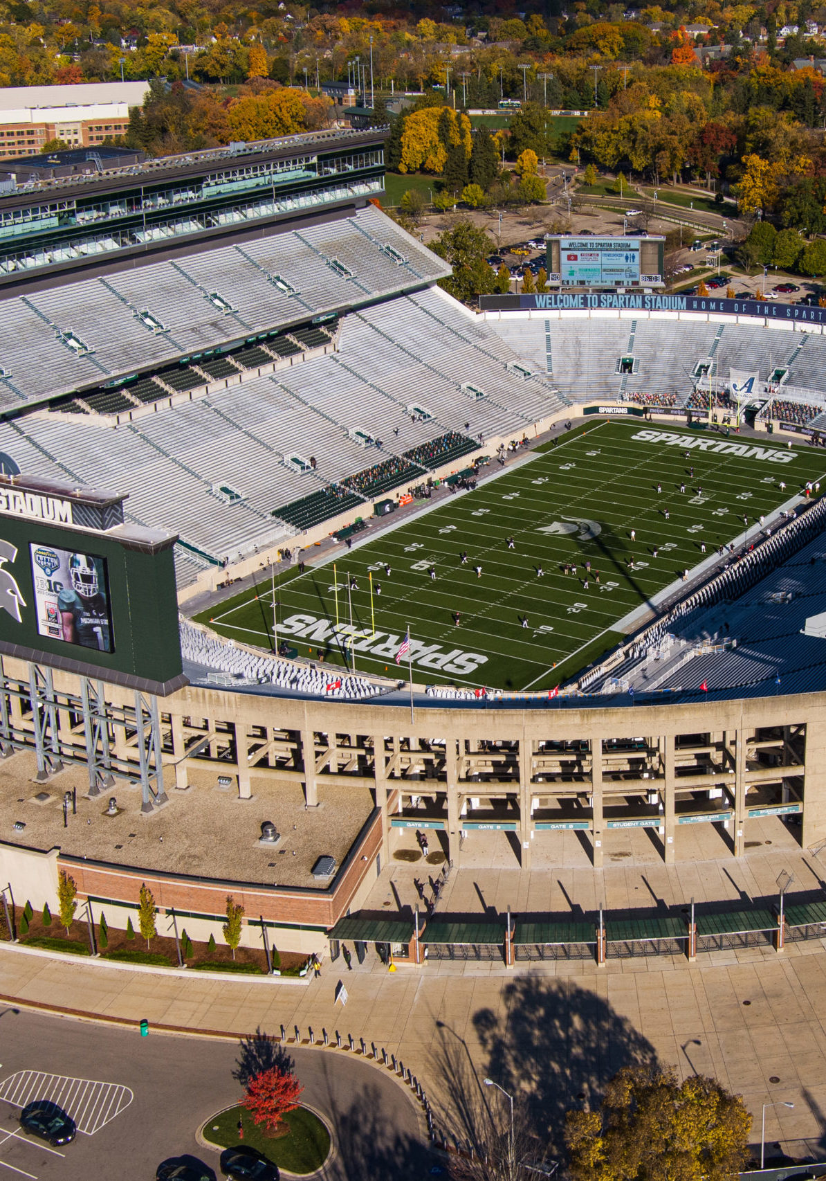 EAST LANSING, MICHIGAN - OCTOBER 24:  In this drone image, Spartan Stadium is seen in this aerial view prior to the game between the Michigan State Spartans and the Rutgers Scarlet Knights  at Spartan Stadium on October 24, 2020 in East Lansing, Michigan. (Photo by Quinn Harris/Getty Images)